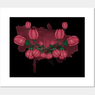 Peonies buds. Goth Flower composition. Watercolor pink stain Posters and Art